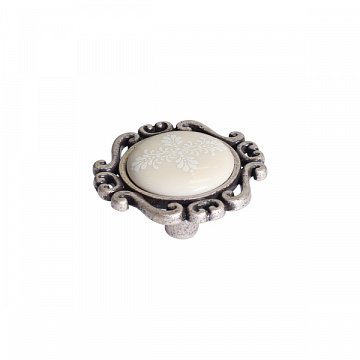 Ручка-кнопка, отделка старое серебро с блеском + керамика