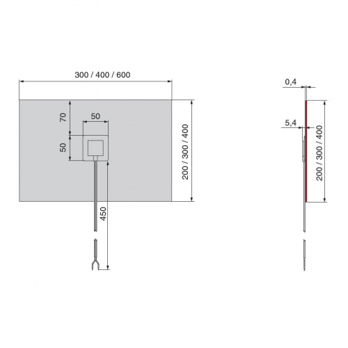IP54 Обогревательный лист для зеркал, 220В, IP54, 1,7-2,5Вт/дм2, max 60Вт, самокл., белый, кабель 40см, 400х600мм