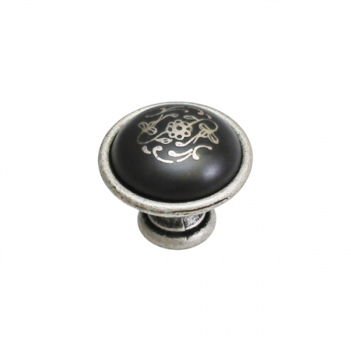 Ручка-кнопка, отделка серебро старое + керамика черная 