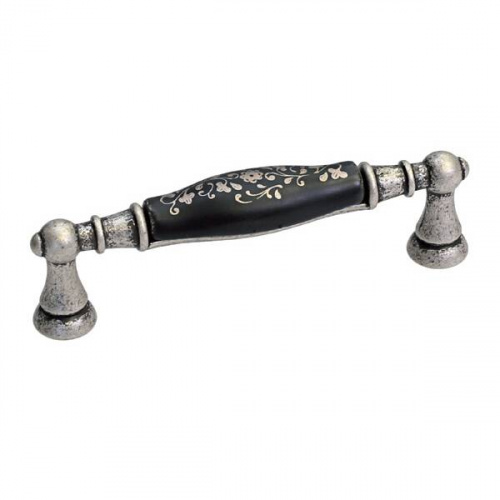 Ручка-скоба 96мм, отделка серебро старое + керамика черная